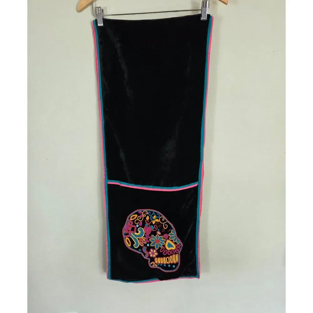 Spooky Night Beaded Skull Velvet Table Runner 14 X 73